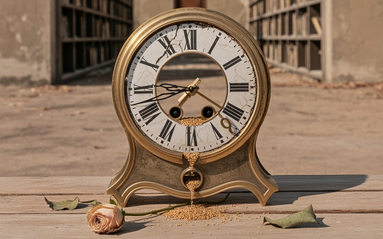 Un orologio che si sgretola Simbolo del tempo perso senza una strategia, con la sabbia che scorre inutilmente.