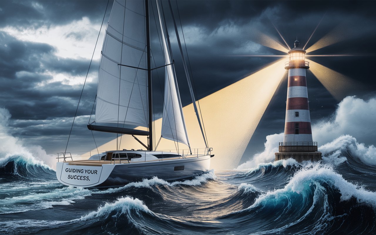 Un faro in mezzo alla tempesta: Un’azienda (rappresentata da una barca solida) che naviga in acque agitate (mercato competitivo), illuminata da un faro (il marketing strategico).